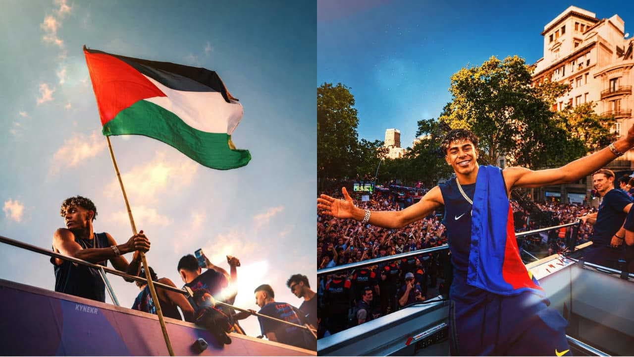 Barcelona wonderkid Lamine Yamal waves Palestine flag during La Liga title parade